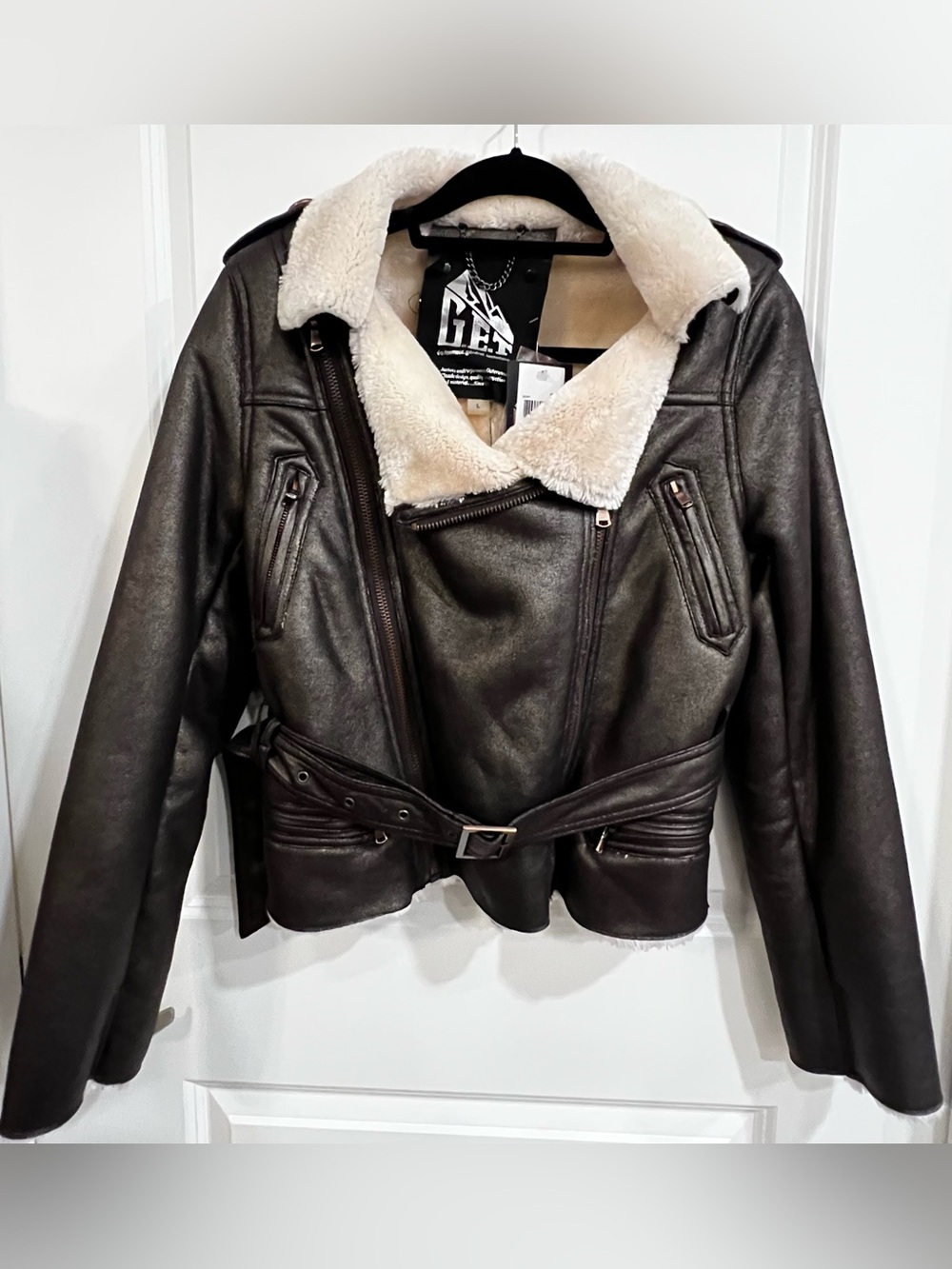 🔥NEW G.E.T. Leather Cozy Shearling Biker Moto Bomber Jacket Brown L Winter Coat